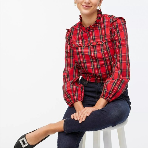 J. Crew Tops - J Crew BC856 NWT Size XS Gorgeous Red Tartan Plaid Ruffled Cotton Popover Top